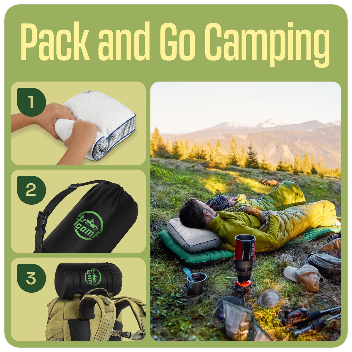TCOMF Camping Pillow: Dual Cover, Memory Foam Travel Pillow, Medium Firm Camp Pillow, Camping Pillows for Sleeping, 5 Layers for Support, Small Travel Pillow,Small Portable Pillow 10x16 Inches (White)
