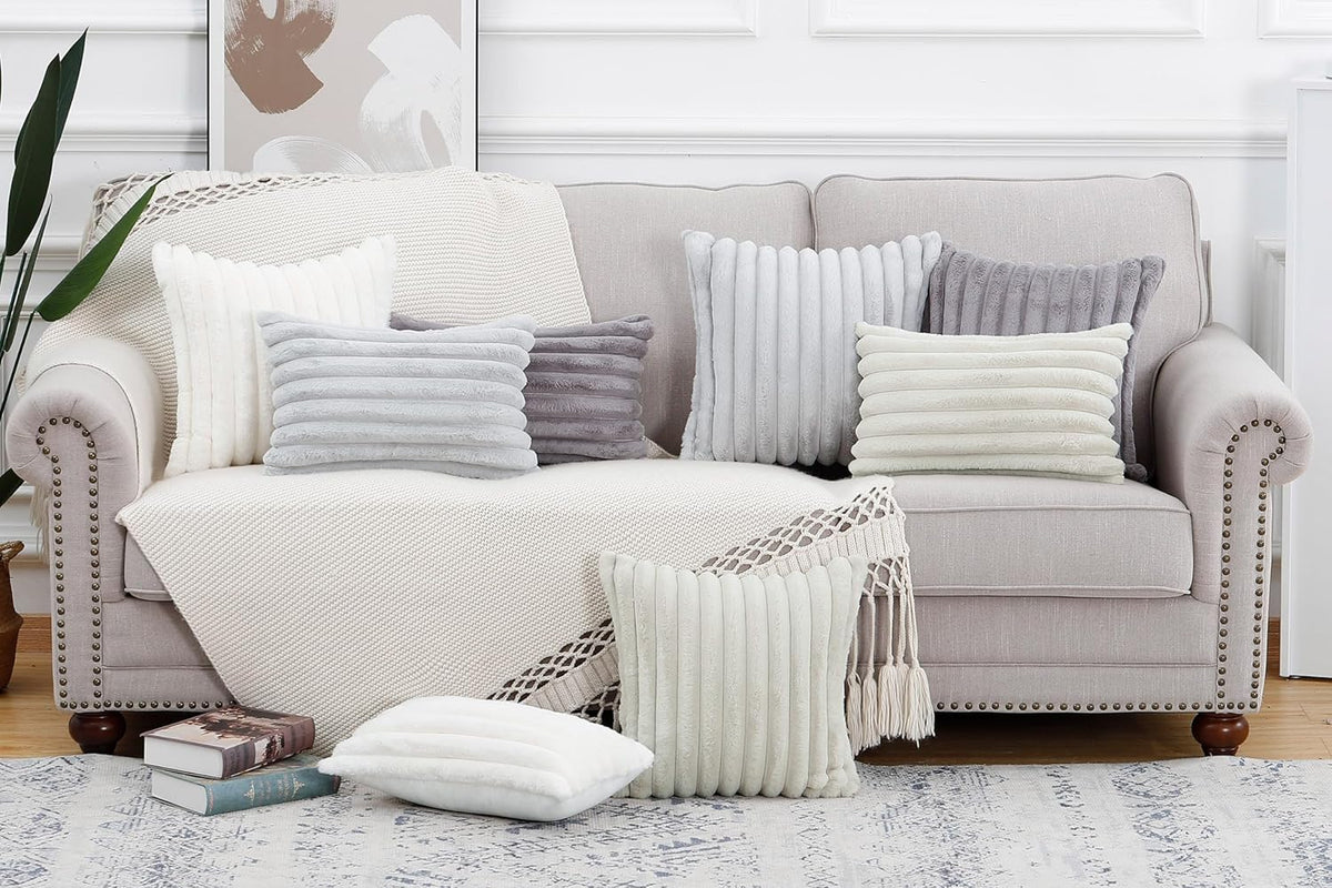MADIZZ Set of 2 Faux Wool Plush Decorative Throw Pillow Covers 20x20 Inch Grey Fluffy Striped Soft Decorative Cushion Cover for Sofa Bedroom Pillow Shell