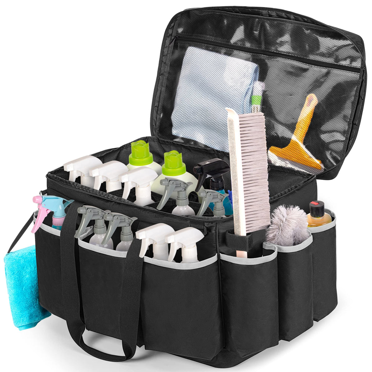 HODRANT Extra-Large Cleaning Caddy with EVA Hard Bottom, High Capacity Cleaning Supplies Organizer for Housekeeping & Home Work, Car Detailing Tools Tote Bag with Shoulder Strap, Patent Design