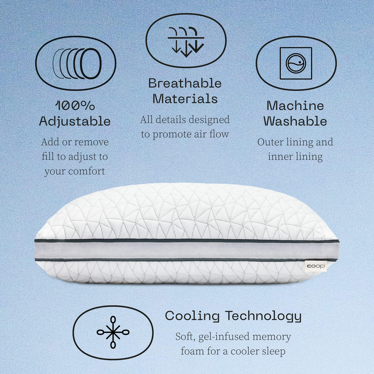 Coop Home Goods Eden Bed Pillow Queen Size for Sleeping on Back, Stomach and Side Sleeper- Medium Soft Memory Foam Cooling Gel - CertiPUR-US/GREENGUARD Gold