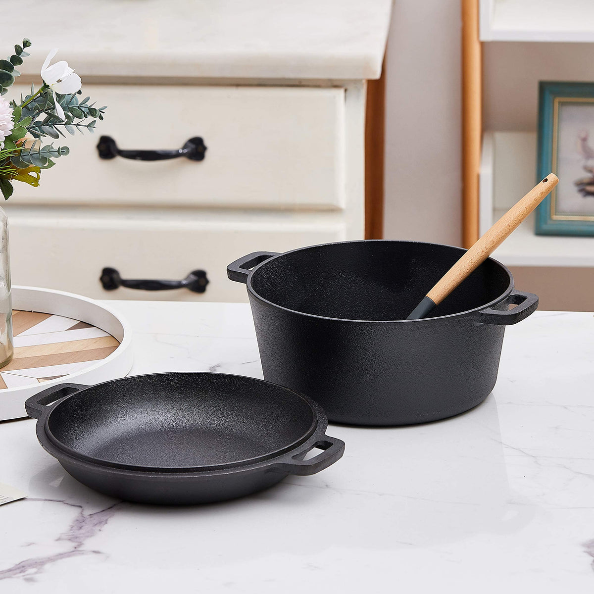 Bruntmor Pre-Seasoned Cast Iron Cookware Set - 8-Piece Bundle with Skillets, Grill Pan, Dutch Oven, Pizza Pan, and Utensils - Durable Pots and Pans Set for Cooking - Ideal Gift for Home or Camping