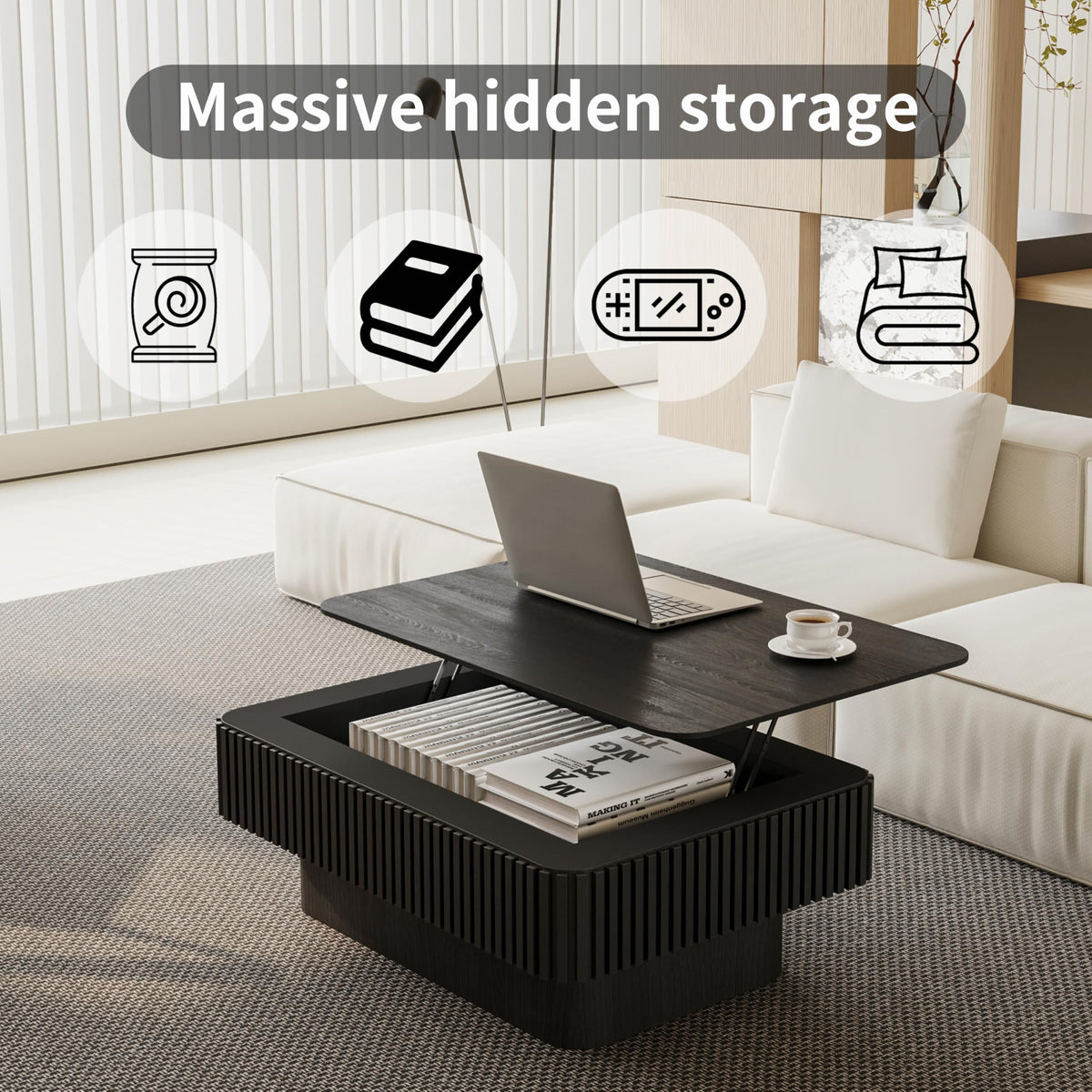 Black Coffee Table with Lifting Top Storage for Living Room,Fluted Lift Up Coffee Tables with Storage Solid Wood Center Table 38.6'' Modern Smart Rectangular Lift Up Tabletop for Apartment Office