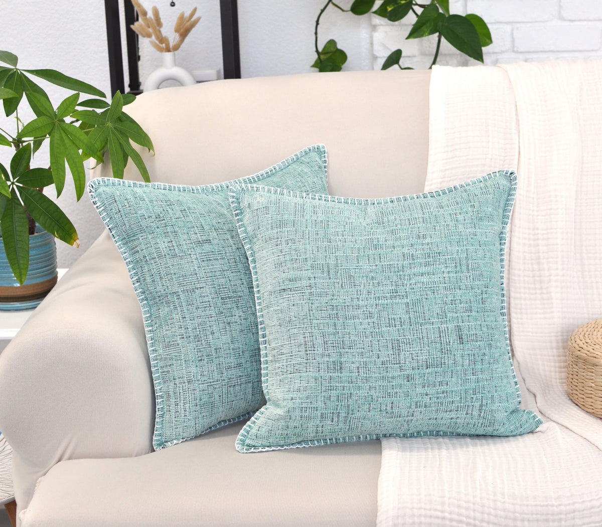 18x18 Pillow Covers for Couch Pillows Mint Green Set of 2, Decorative Soft Textured Cozy Chenille Cushions Covers, Modern Deco Covers for Sofa Pillows, Decor Pillow Covers Square Pillowcase