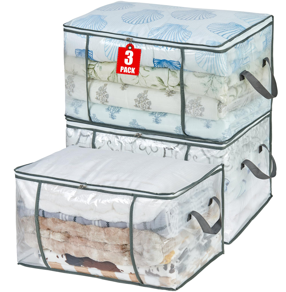 MKOKYD 80L Clear Large Storage Bag, Clothes Storage Containers for Organizing Closet, Bedroom, Underbed, Comforters, Clothing, Blankets, Pillow, Foldable Organizer with Sturdy Handle and Zippers (3)