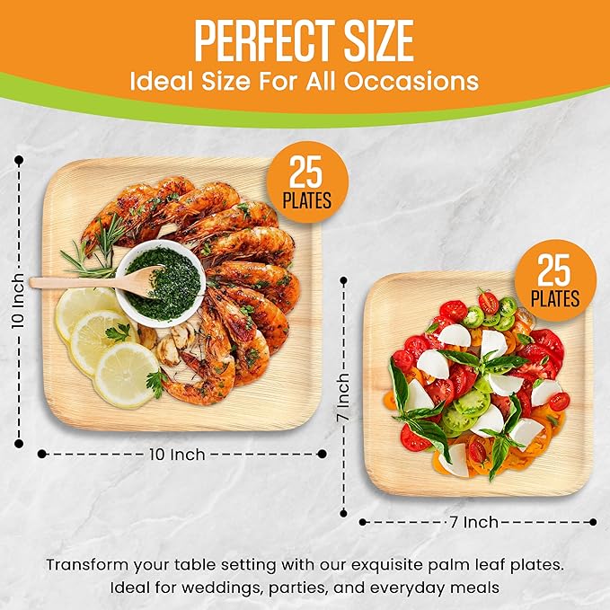 Raj Palm Leaf Plates Disposable Bamboo Plates 10 Inch & 7 Inch Square Bulk Party Pack (50 Pc) Compostable and Biodegradable - Better than Plastic & Paper Plate for Lunch, Birthday, Camping