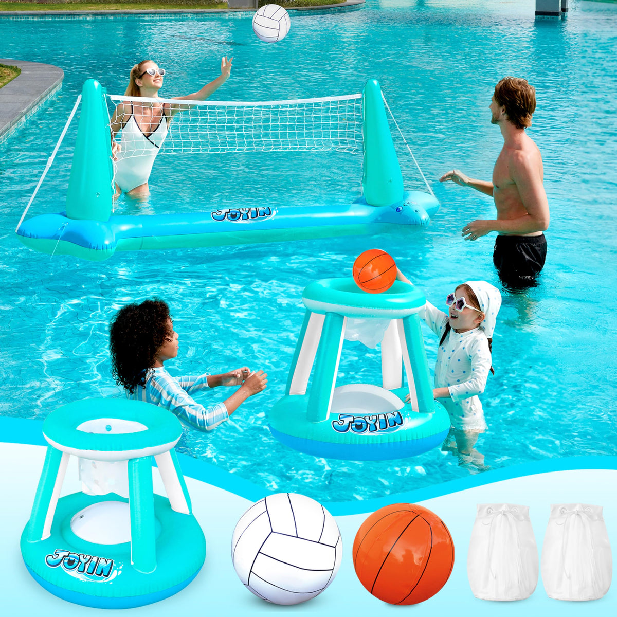 JOYIN Inflatable Pool Float Set Volleyball Net & Basketball Hoops, Floating Swimming Game Toy Floaties for Kids and Adults Volleyball Court (105”x28”x35”)|Basketball (27”x23”x27”),L-Pink Purple