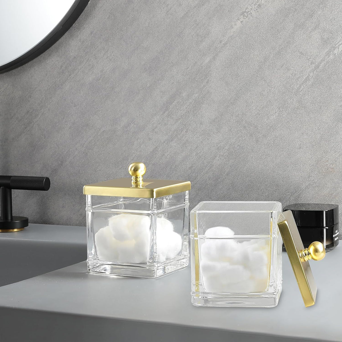 Glass Cotton Jar Holder 2 Pack– Brushed Gold Lid, Elegant Bathroom Storage Canister for Qtips, Cotton Balls, Floss, Makeup Organizer, Vanity & Bathroom Organization