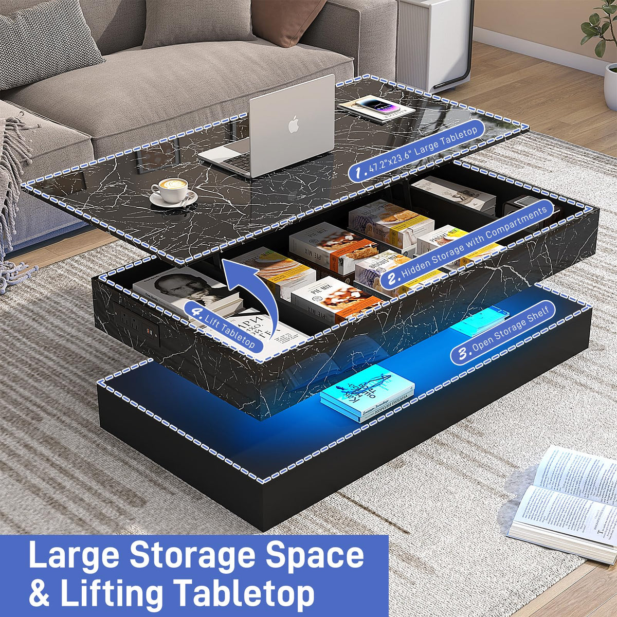 chartustriable 47.2" Large Lift Top Coffee Table with Charging Station, LED Modern High Glossy Center Table with Hidden Compartment Storage, White Lift Living Room Tables with Marbling Print, Black