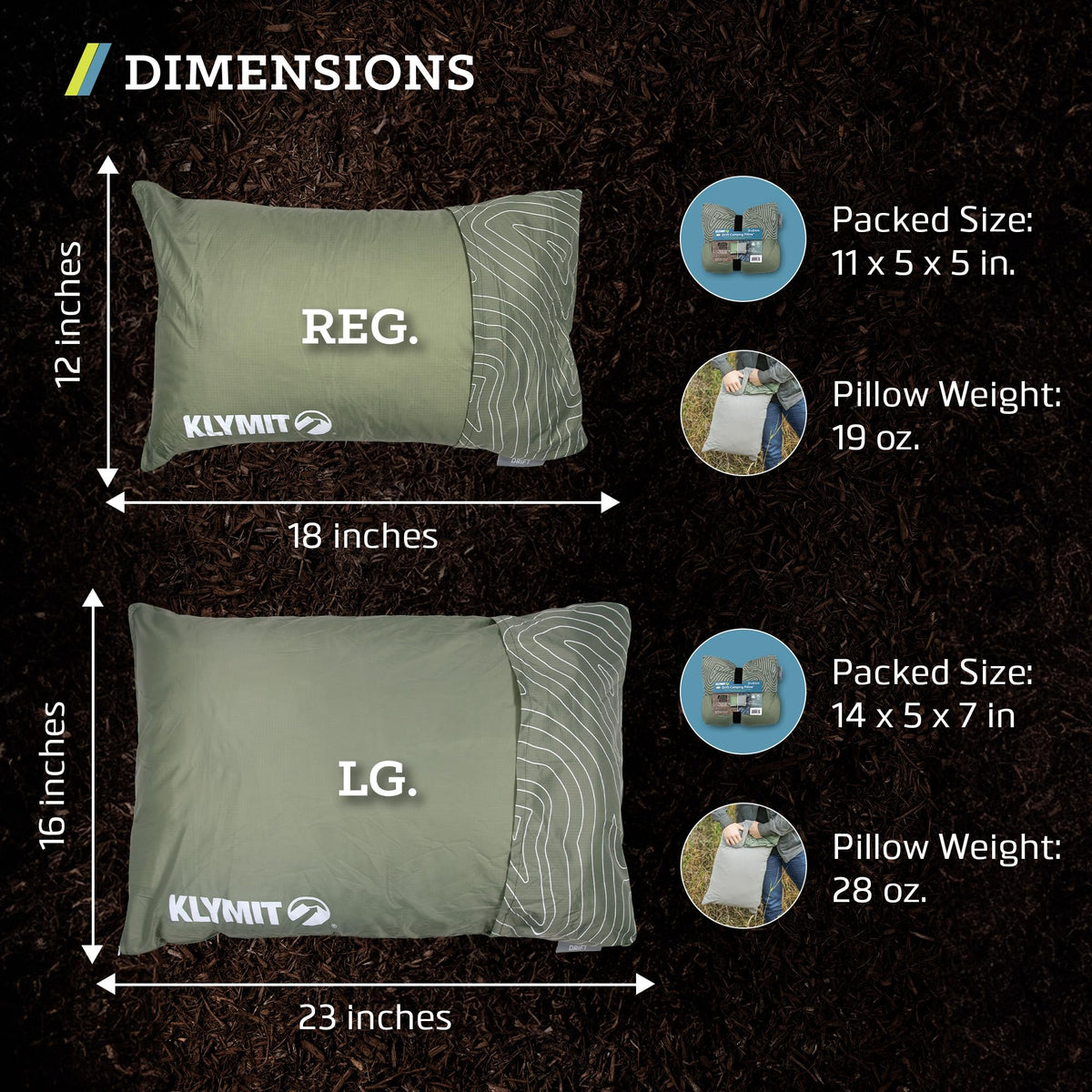 Klymit Drift Camping Pillow, Shredded Memory Foam Travel Pillow with Reversible Cover for Outdoor Use, Green, Large