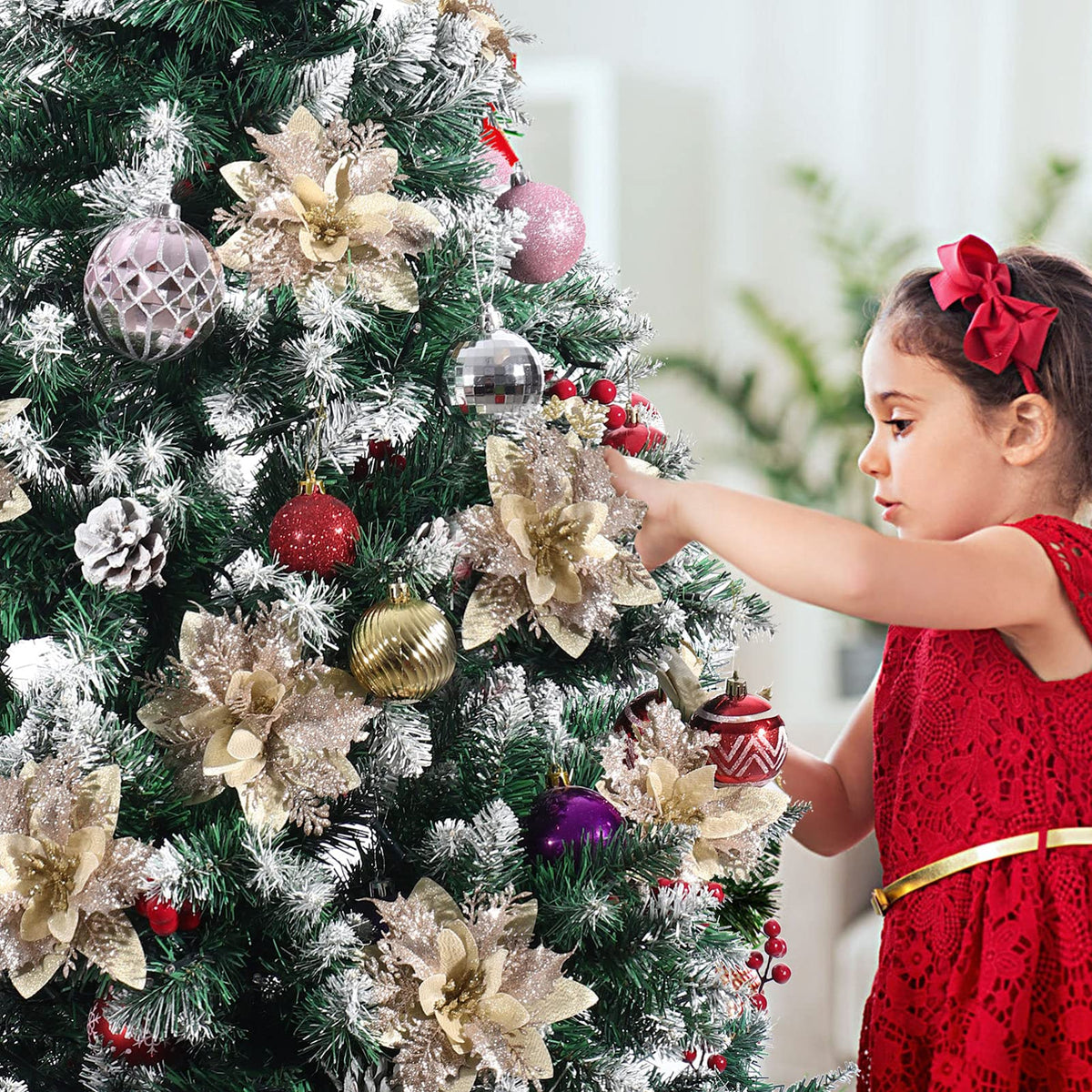 STOBOK Christmas Glitter Poinsettia Artificial Flowers|12 Pack Christmas Tree Ornaments for Wreaths Garland Holiday Party, Xmas Decoration, Red 6 Inch (Poinsettia)
