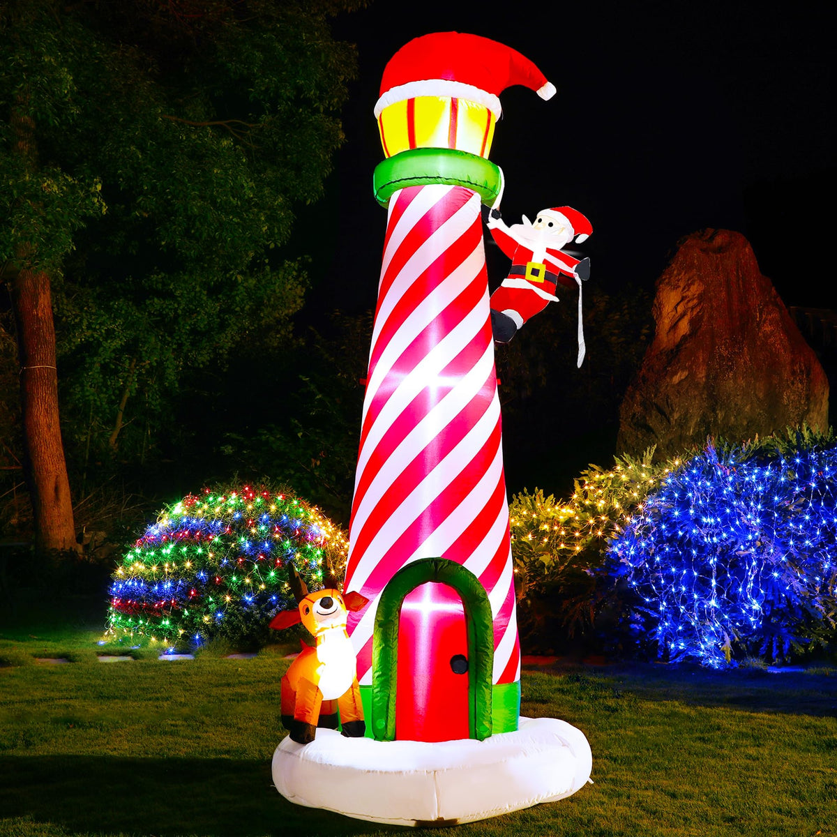 Lulu Home 10FT Christmas Inflatable Decoration, Giant Lighted Lighthouse Blowups with Santa and Reindeer, Air-Blown Ornaments with Storage Bags for Xmas Winter Yard Lawn Garden Outdoor Decor