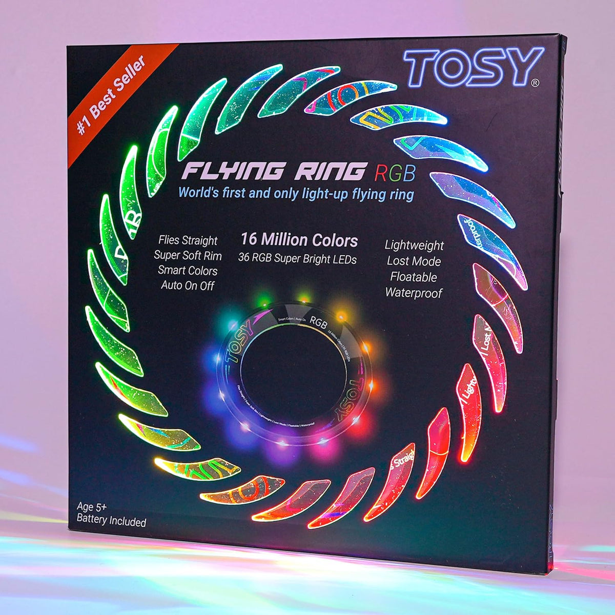 TOSY Flying Ring - 16 Million Color RGB LEDs, Super Bright, Lost Mode, Auto Light Up, 4th of July Camping Essentials for Kids/Teens/Boy/Girl, Safe & Soft, Waterproof, Pool/Beach Games, Lightweight Toy