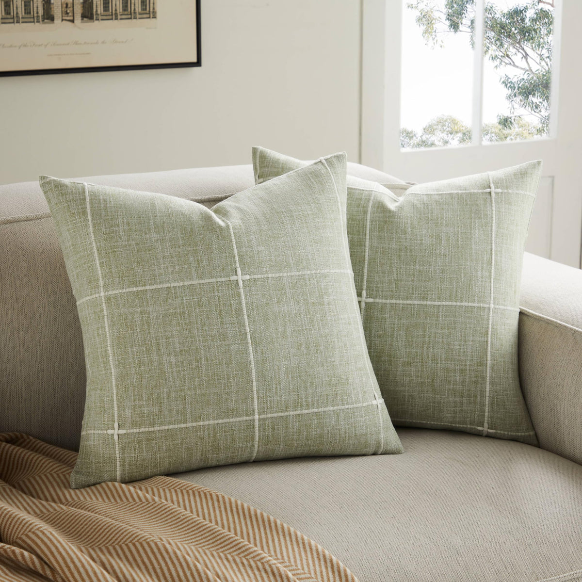 YZJZEDS 2 Packs Grid Embroidery Throw Pillow Covers, 20x20 Inch Green, Farmhouse Cotton Linen Decorative Sage Green Cushion Covers for Sofa Bed Living Room Home Decor