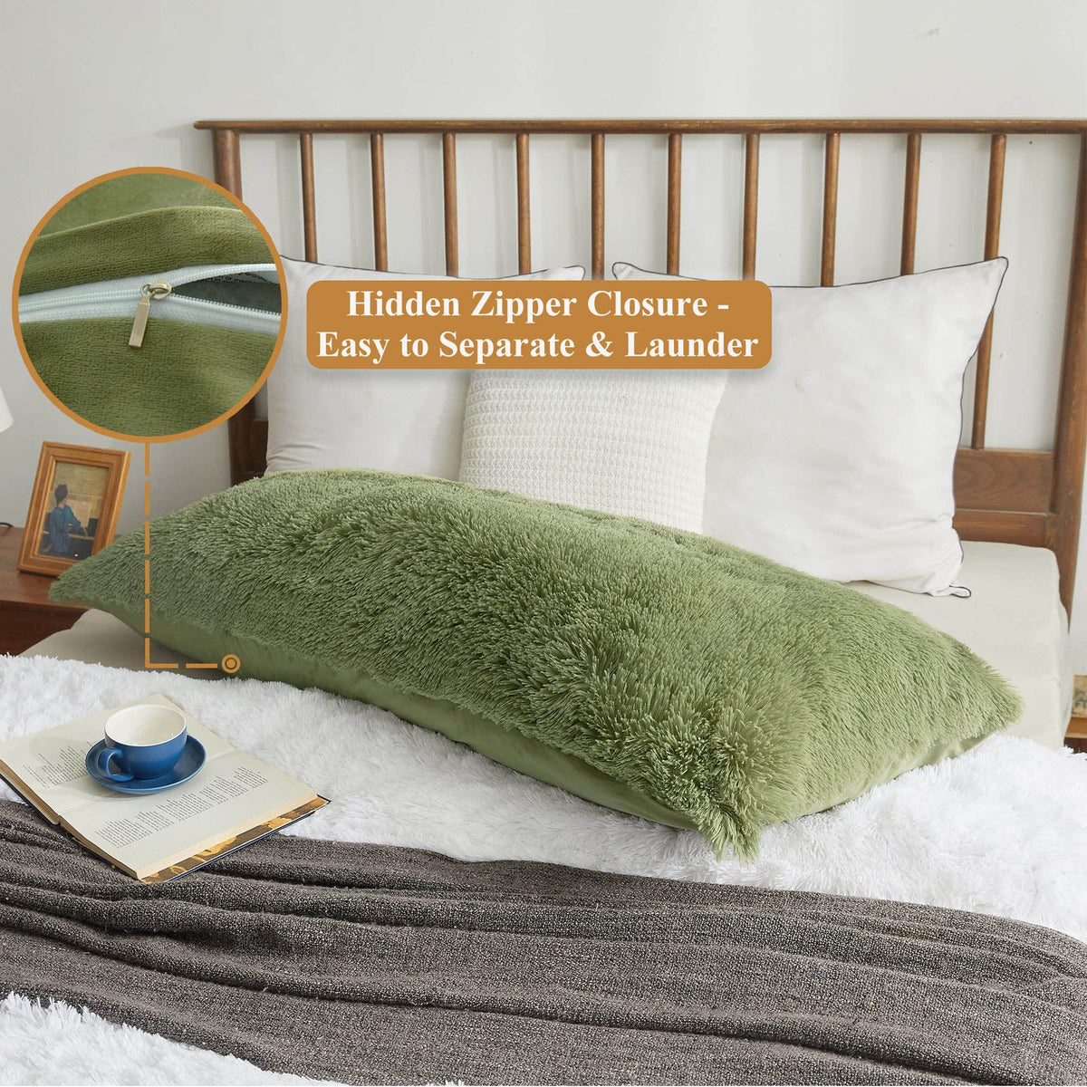 XeGe Luxury Shaggy Faux Fur Body Pillow Cover, Fluffy Bed Pillow Case with Zipper Closure, Soft Decorative Plush Long Moss Pillow Sham, Fuzzy Hug Pillow for Home Living Room 20"x54" Sage Green