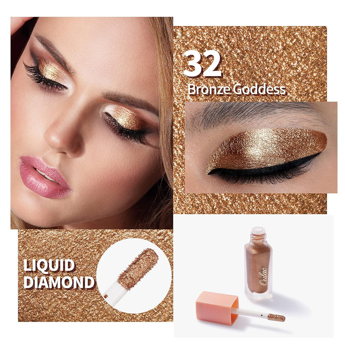 Oulac Liquid Glitter Eyeshadow - Metallic Golden Liquid Eyeliner Shimmer Eye - Non-Creasing, Lightweight, Moisturizing Formula - Easy to Remove - Vegan & Cruelty-Free (32)