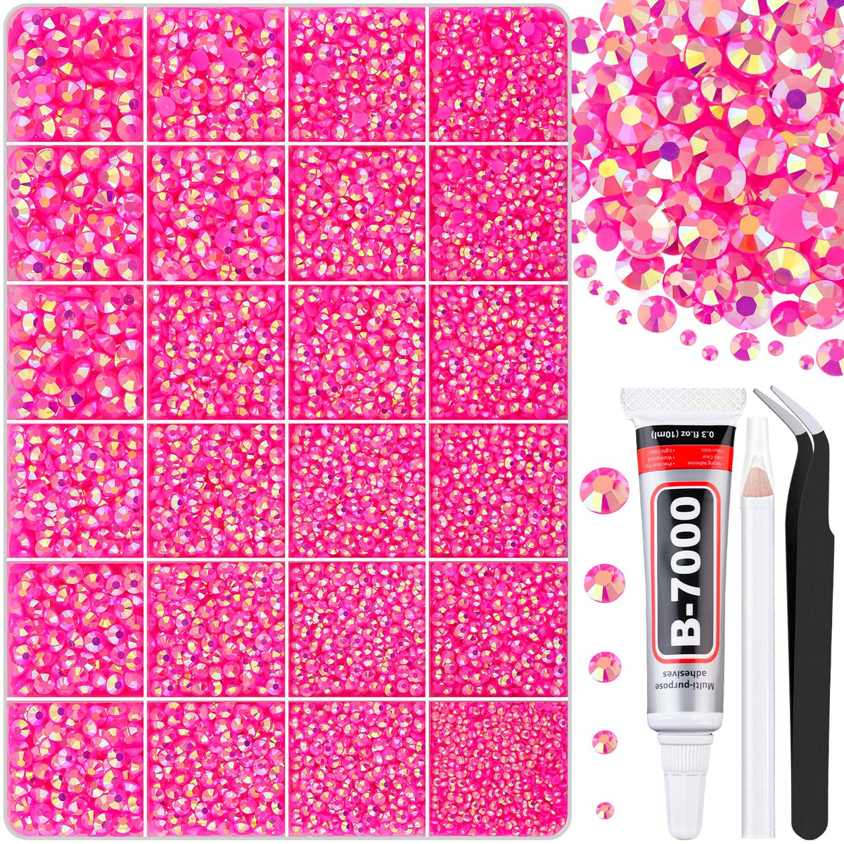 30000Pcs Hot Pink AB Rhinestones for Bedazzling with B7000 Jewelry Glue, Bedazzler Kit Flatback Gems, Resin Rhinestones for Crafting Crafts Clothing Shoes Fabric Nail Art Assorted Size 2/3/4/5/6mm