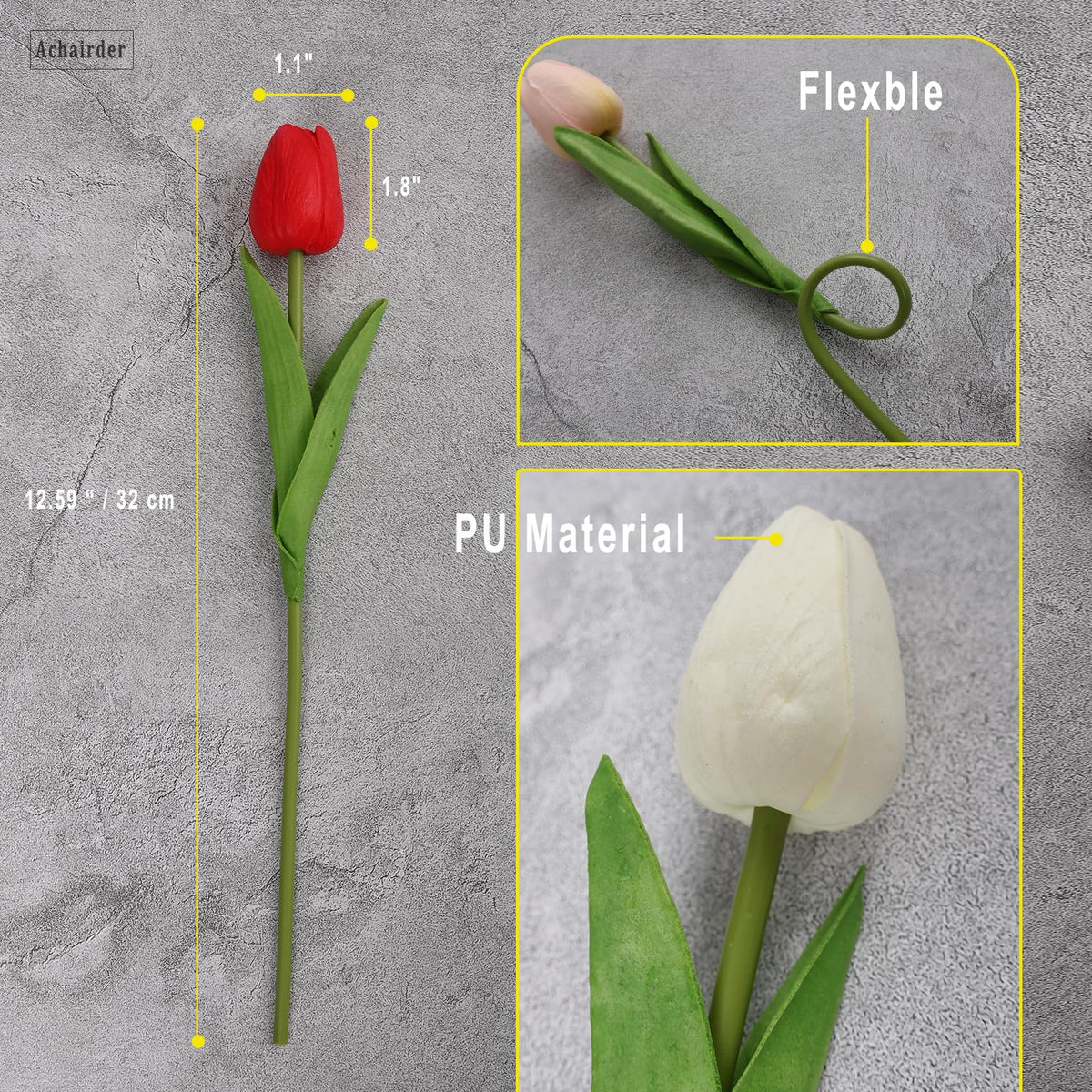 Achairder 30pcs Tulips Artificial Flowers, Artificial Latex Real Touch Tulips Flowers Bouquet for Mother's Day Easter Wedding Party Home Decor-White