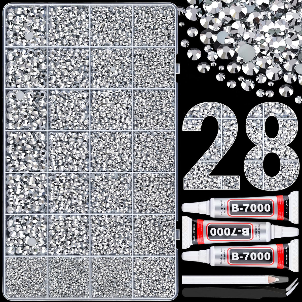30000Pcs Resin Rhinestones for Bedazzling with 3Pcs B7000 Jewelry Glue, Silver Flatback Gems Rhinestones for Crafting, Clothing Tumblers Mugs Shoes Fabric Decor Nail Art