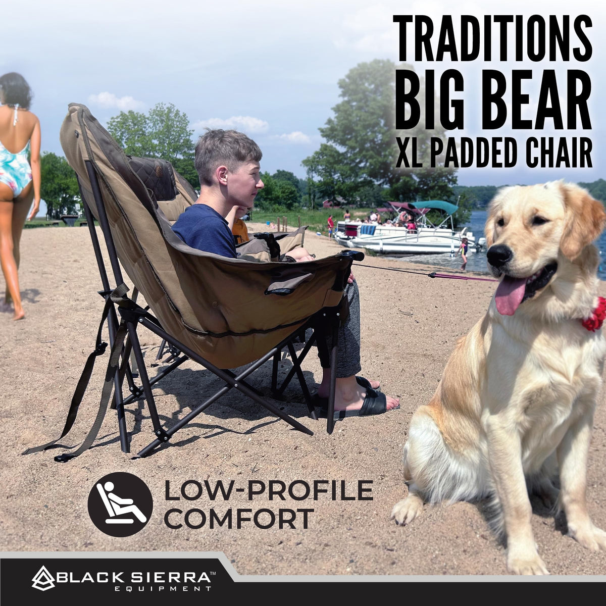 Black Sierra Deluxe Padded Camping Chair for Sports & Outdoors, Oversize XL Outdoor Folding Chair Supports 400 lbs, Heavy Duty Seat w/Dual Cup Holders/Carry Bag Perfect for RV, Tailgating, Glamping