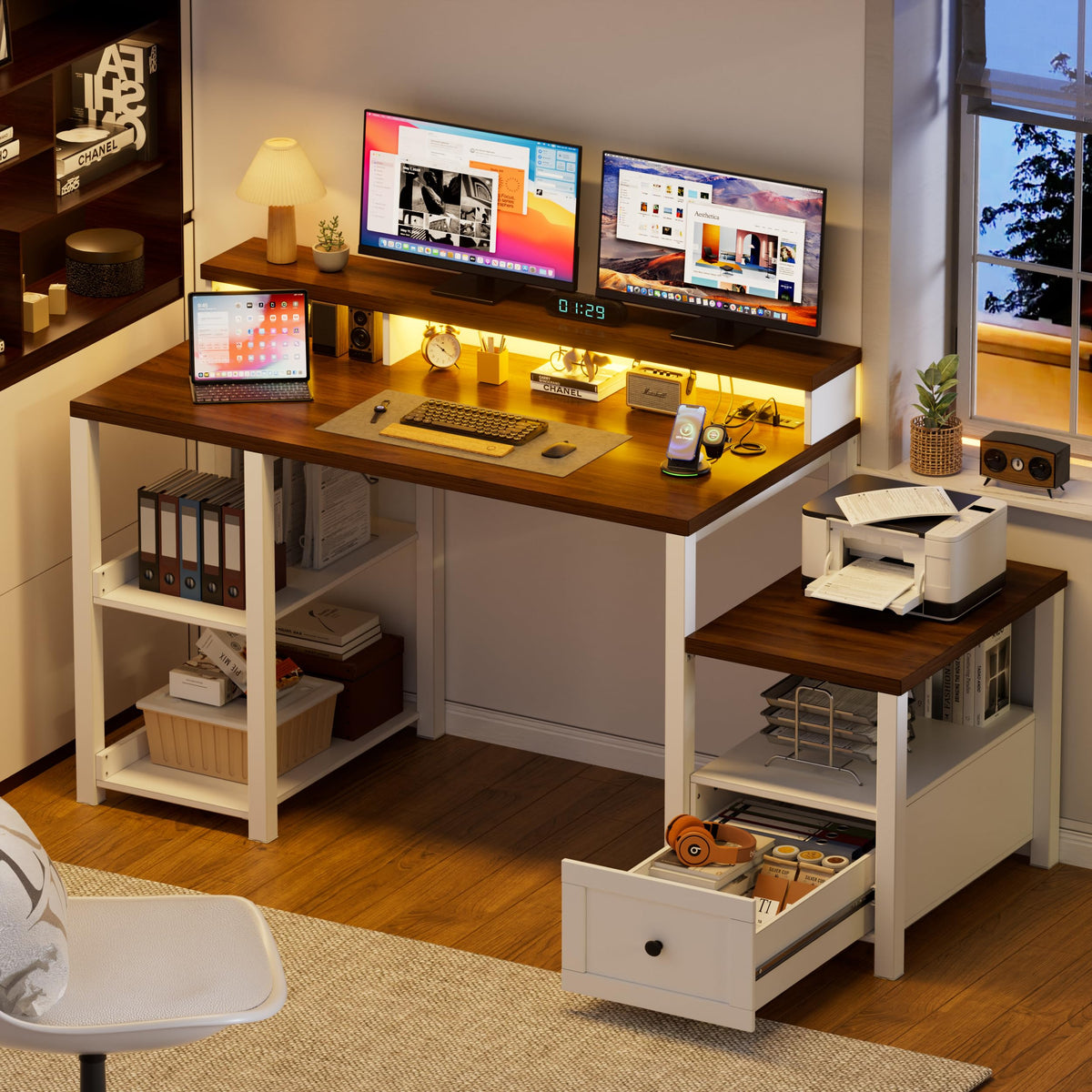 White Farmhouse Office Desk with Drawer & Power Outlets, Wood Computer Desk Monitor Stand for Bedchamber Study, Home Office Table with LED Strip for Working Writing Gamin