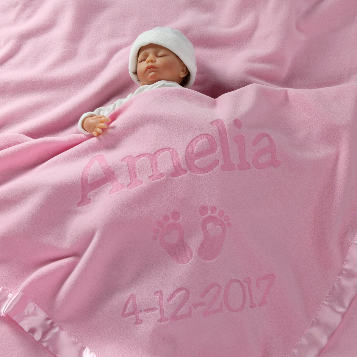Custom Catch Personalized Newborn Gift Baby Blanket for Girl - Name with Infant Heart Feet Design - Pink or Blue (1 Line Text)