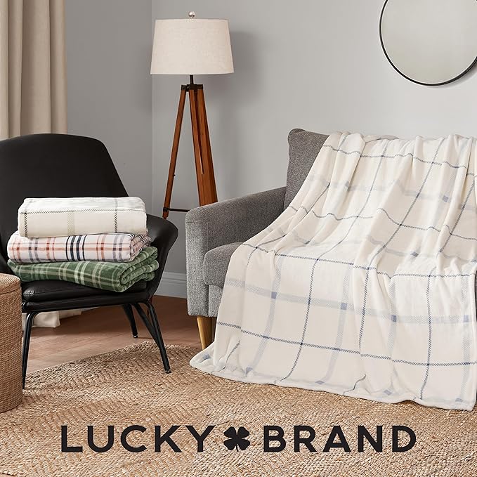 Lucky Brand Camper Plaid Beige 50"X70" Cozy Plush Blanket - Premium Microfiber Throw for Luxurious Comfort and Style