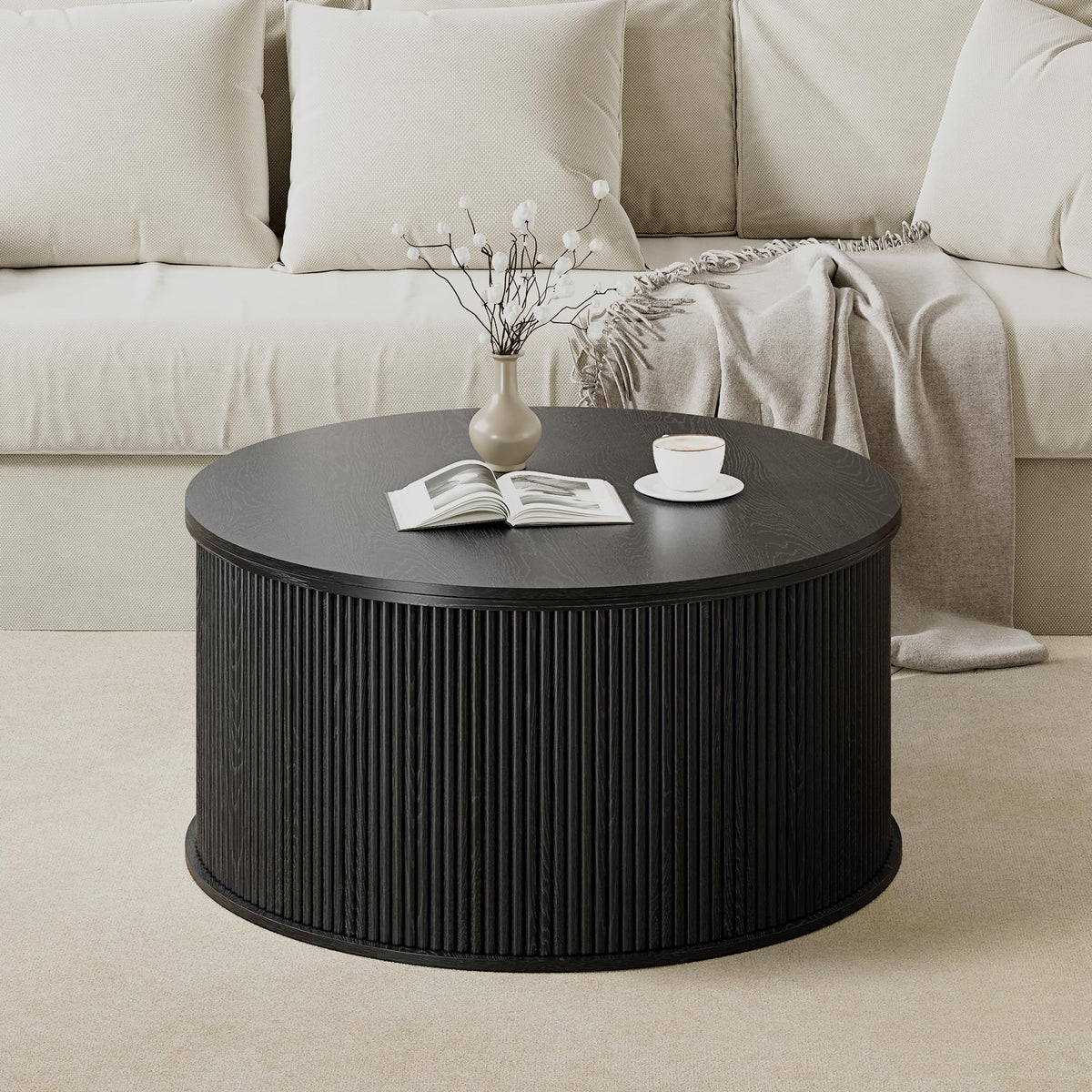 NVETHM Round Coffee Table, Lift Top Coffee Table with Storage, Farmhouse Fluted Center Table Circle Dining Table for Living Room, Reception Room, Home Office (Black)