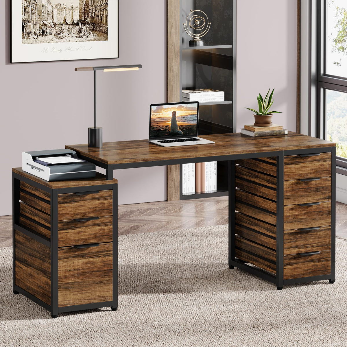 Tribesigns Computer Desk with 8 Drawers, 63" Office Desk with Reversible File Cabinet and Storage Drawers, Industrial PC Desk Study Writing Table Workstation for Home Office, Rustic Brown