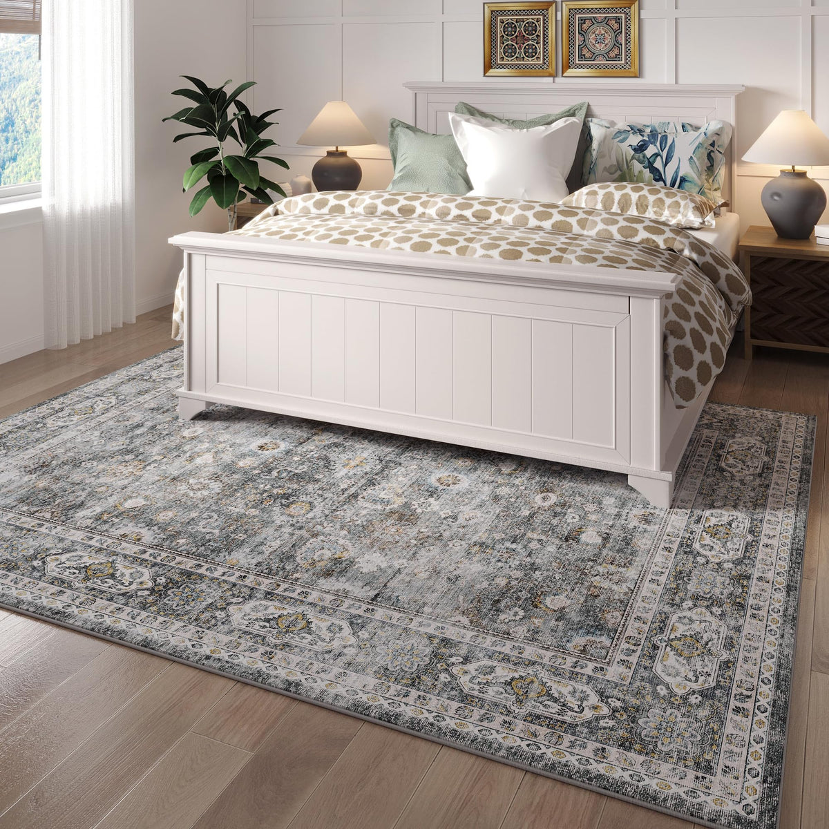 Rugcomf 8x10 Rug Washable Boho Rug Soft Large Area Rug Non-Slip Non-Shedding Faux Wool Vintage Rug for Living Room, Farmhouse, Dining Room, Indoor, Kids Playroom (Grey)