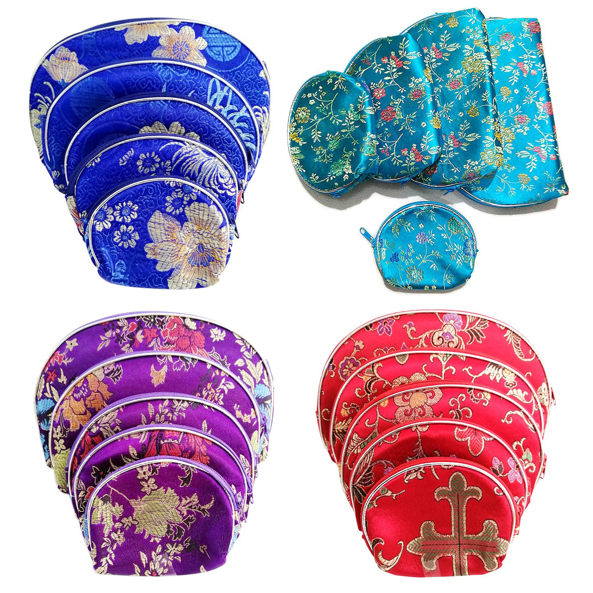 HUAMULAN 4 Sets / 20 PCS Different Size Nesting Wallet Bags Silk Coin Purse Brocade Jewelry Pouch Zipper Make Up Organizer Chinese Embroidered Gift Bag