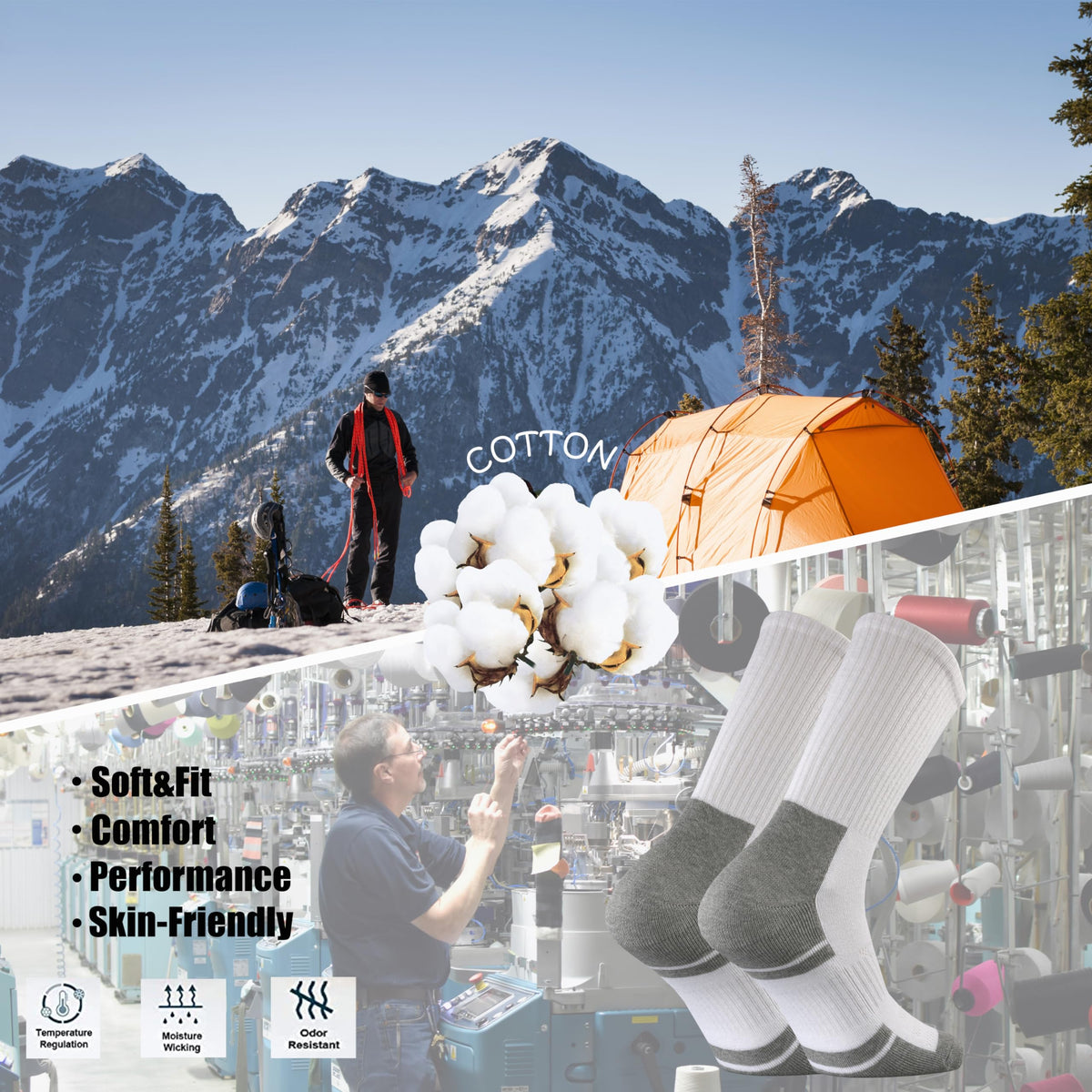 Ortis Men's Cotton Cushion Crew Socks Moisture Wicking Breathable Thick Warm Thermal for Athletic Heavy Duty Work Boot(WhiteGrey L)