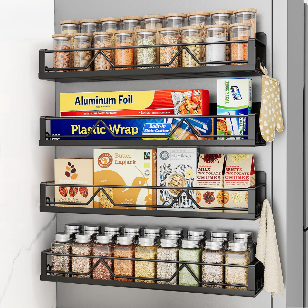 Mystozer 16.9 Inch Wide Large Capacity Magnetic Spice Rack for Refrigerator, 4 Pack Metal Fridge Shelf, Black
