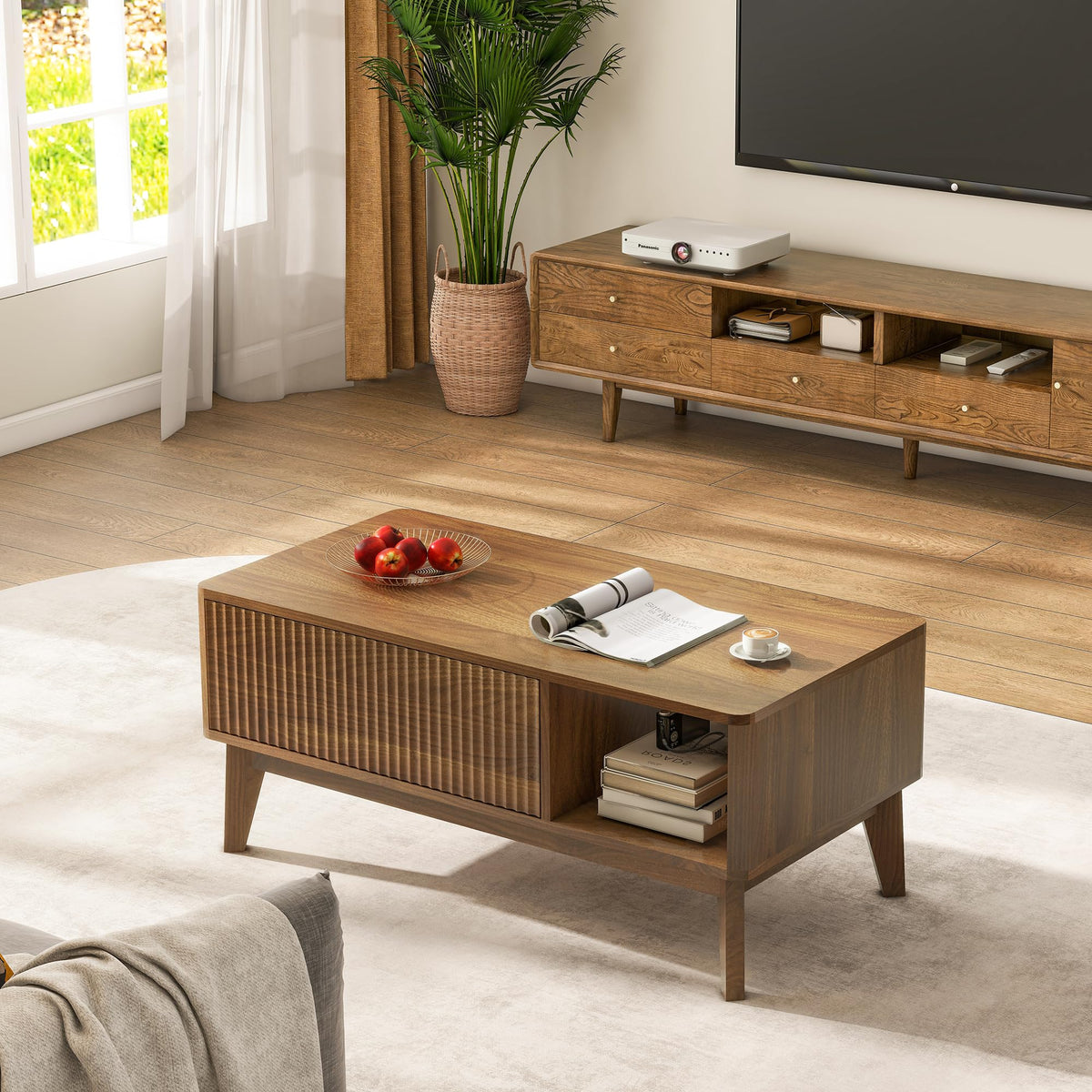 LYNCOHOME Fluted Coffee Table with Hidden Compartment, Wood Lift Top Coffee Tables, Modern Center Table for Living Room, Home Office（Walnut）