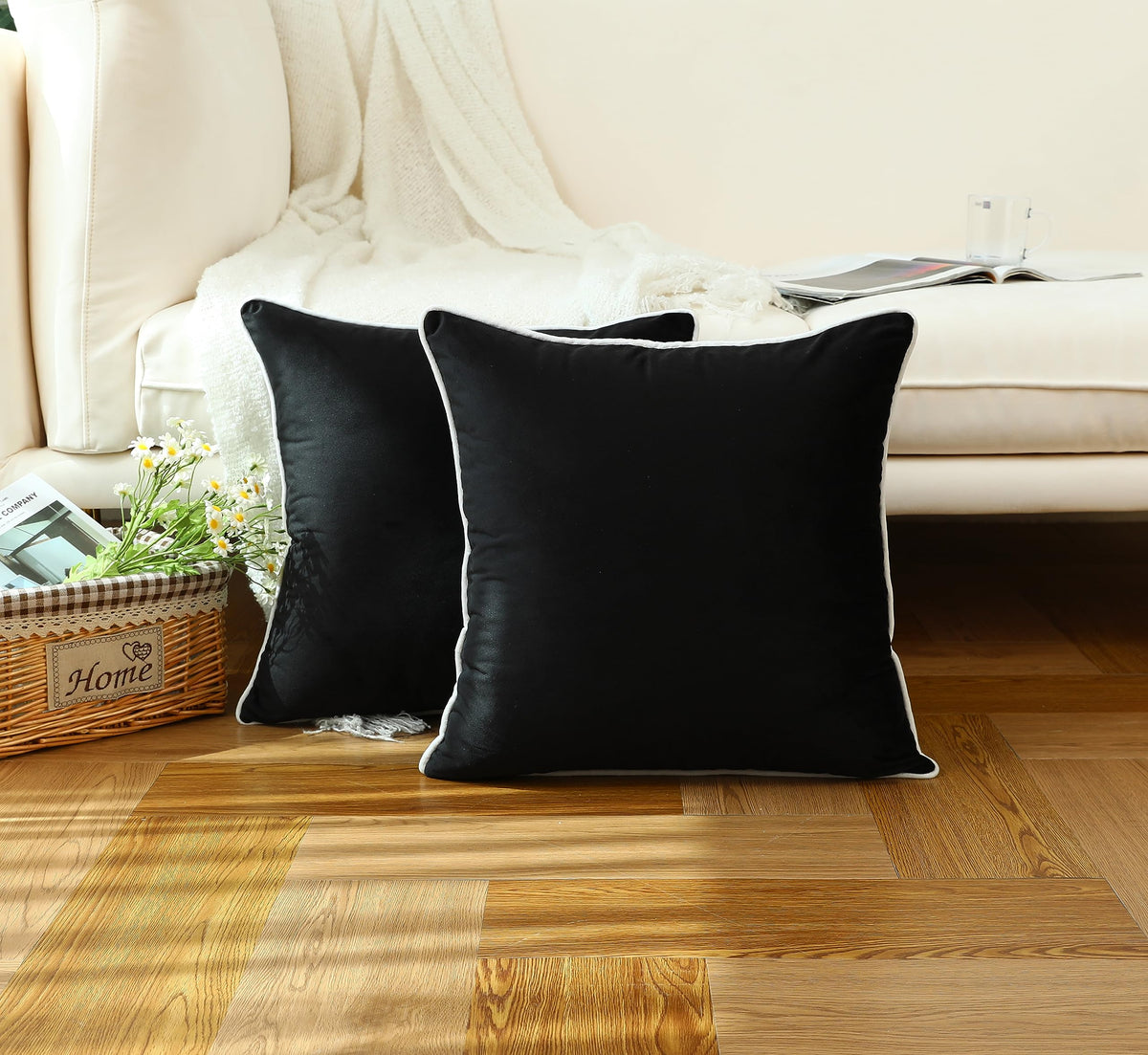 LIGICKY Set of 2 Black Velvet Throw Pillow Covers Modern Minimalist Style Solid Decorative White Rope Edging Soft Square Cushion Cases for Sofa Bedroom Party Décor, 20x 20 inch