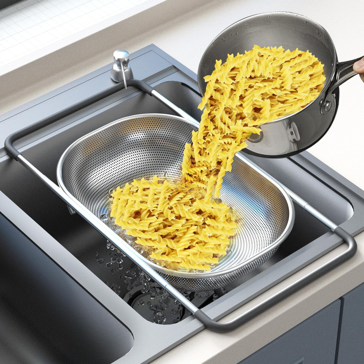 Over the Sink Colander - Strainers and Colanders - Sink Strainer Basket - Expandable Fine Mesh Strainer with Rubber Grip for Veggie, Fruits, Pasta, Home Kitchen Essentials (9.5W x 13.4-21.3L x 3.3H)