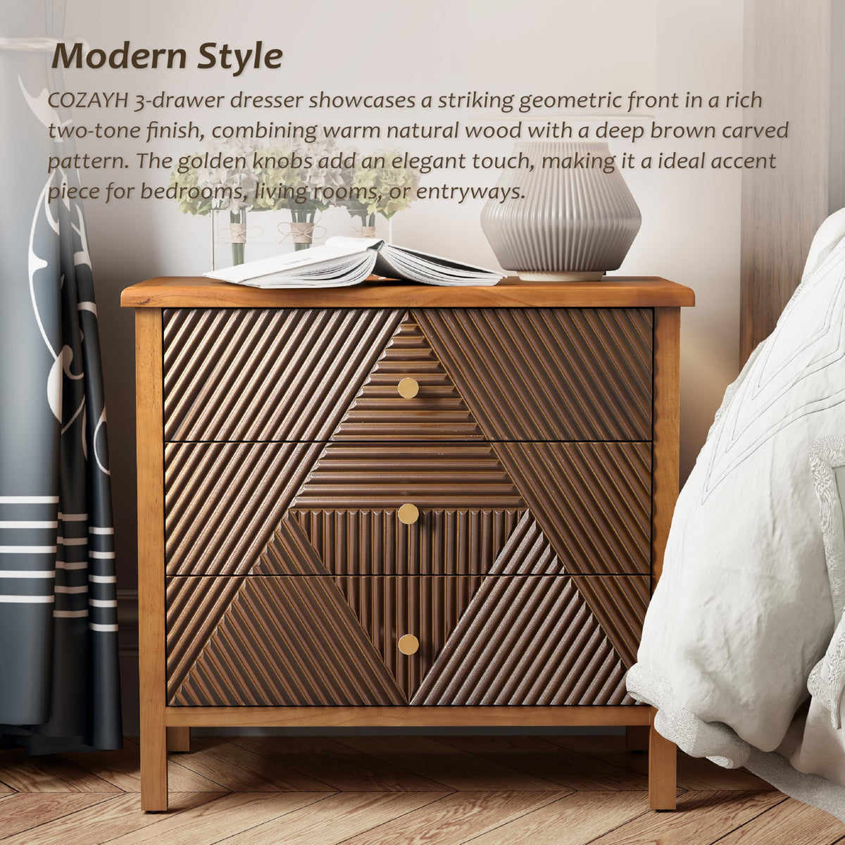 COZAYH 3 Drawer Fluted Dresser with Carved Geometric Pattern, Modern Nightstand, Side End Table for Bedroom, Accent, Carved, Alloy Handle, Fully-Assembled, Brown, Natural Wood