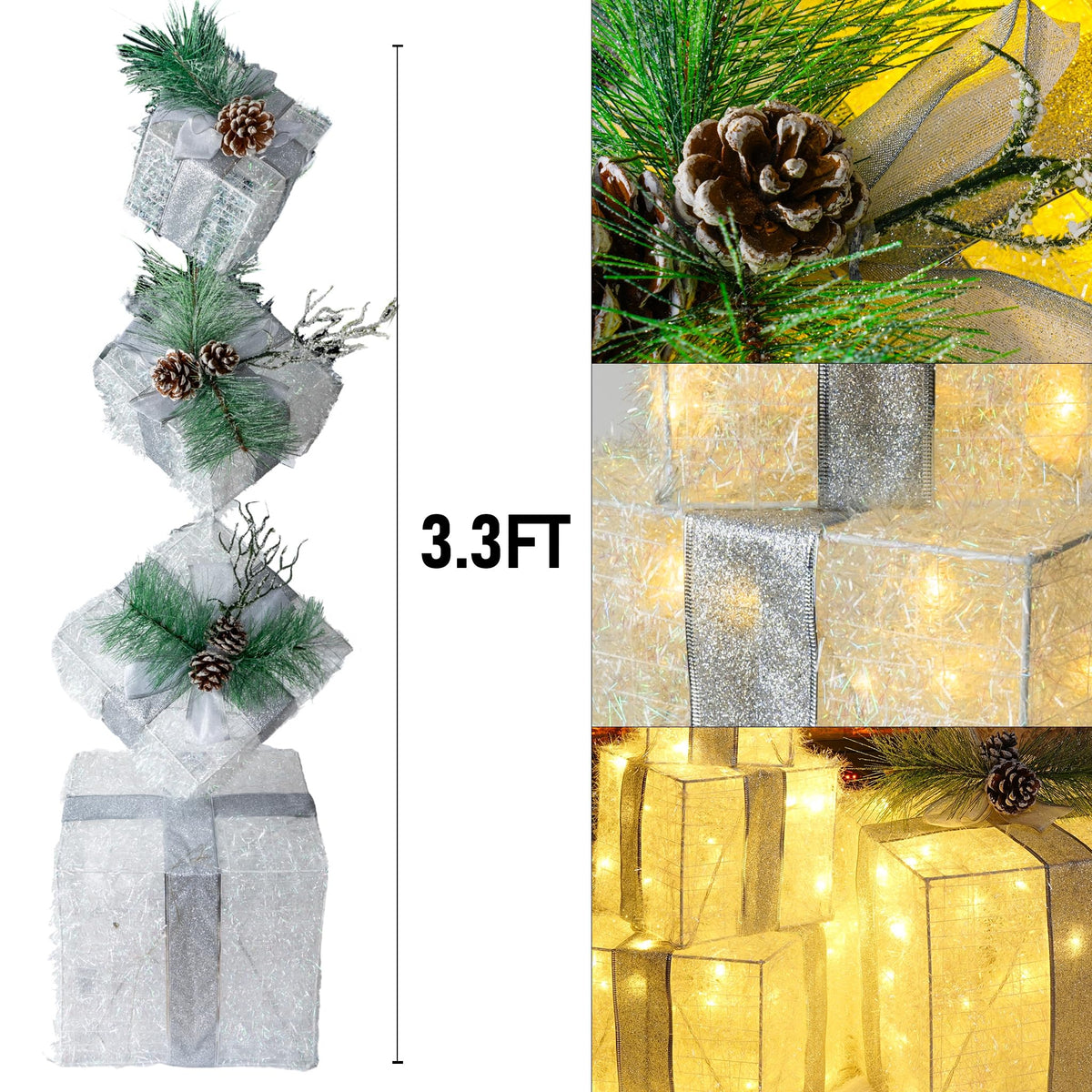 Hourleey Set of 4 Christmas Lighted Gift Boxes, 3FT Pre-lit 70 LED Stackable Light Up Present Boxes Ornament, Xmas Tinsel Boxes Decorations for Indoor Outdoor Home Yard Lawn Décor