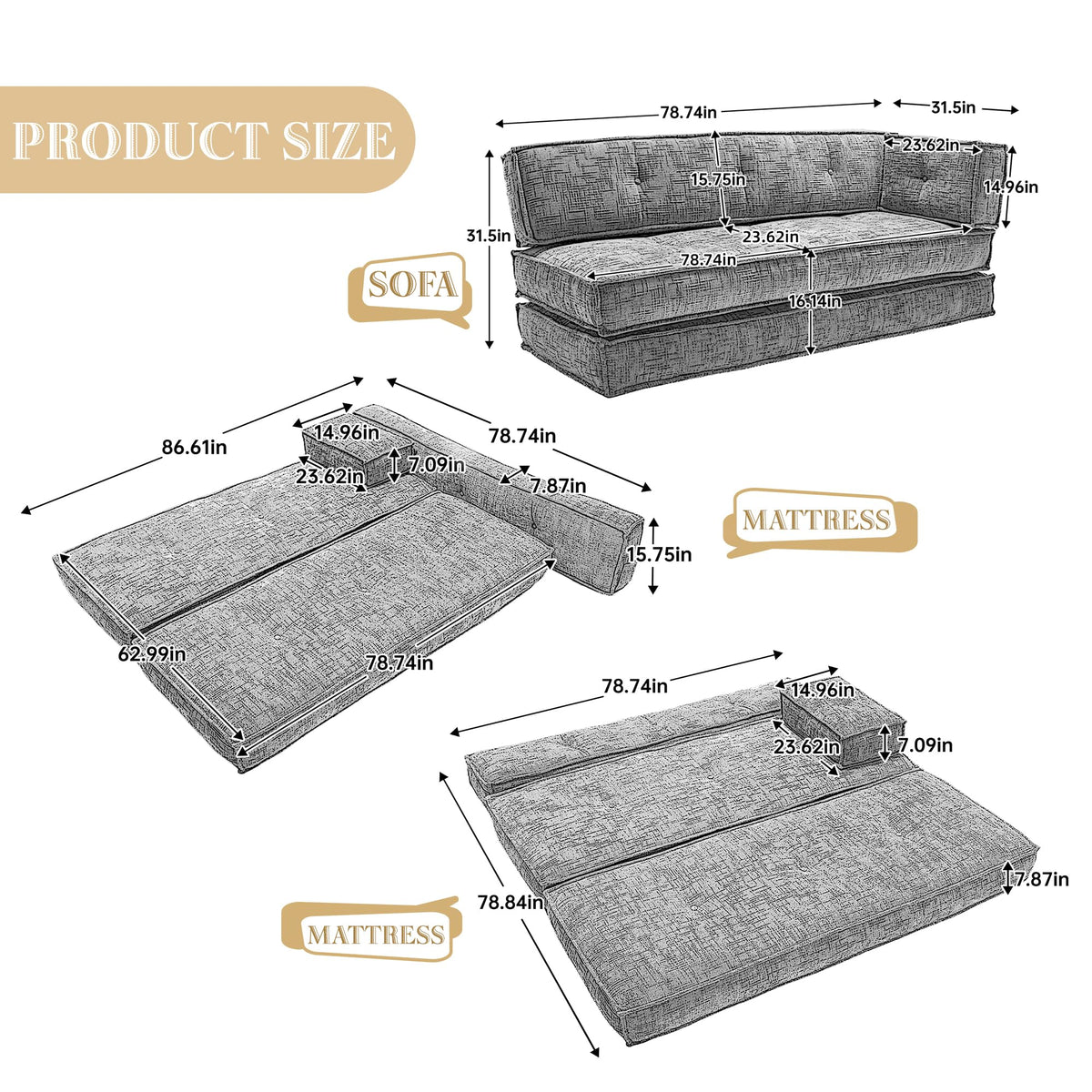 VYNELITO Modular Couch Convertible Sleeper Floor Sofa Bed, Chenille Folding Mattress Couch with Side Bag Storage, 4-in-1 Combined Lazy Sofa for Living Room Bedroom,Black