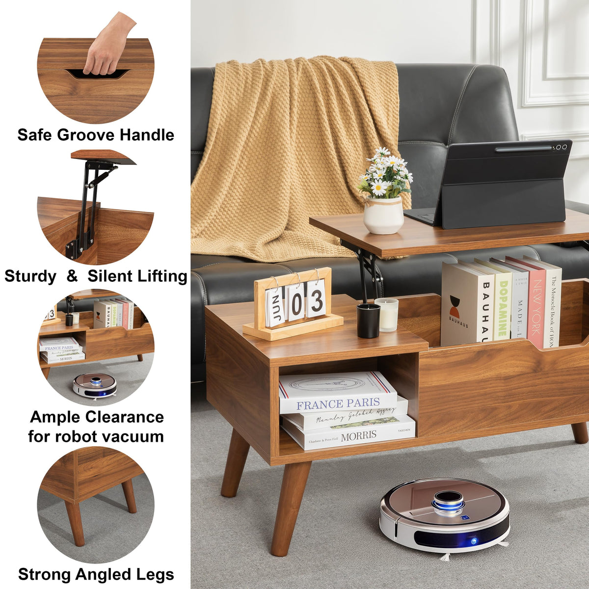 VICTORY RELAX Lift-Top Coffee Table with Hidden Storage and 2 Open Cubbies, Coffee Table with Storage for Living Room, Center Table for Living Room, Designed for Workspace and Relaxation (Natural)