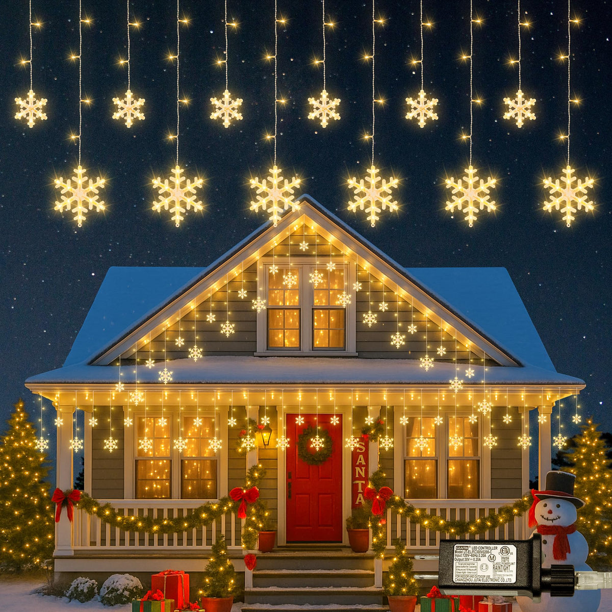 Qunlight Christmas Snowflake Lights,6.5ft 144LED Window Icicle Lights with 12 Drops,8 Modes Timer Connectable Curtain Light Plug in for Bedroom,Eaves,Wedding,Indoor Outdoor Xmas Decor,Warm White