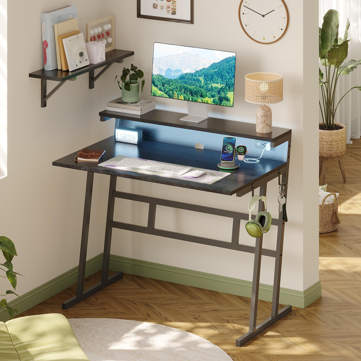 Zenira 40 Inch Computer Desk with LED Light Strip, Writing Desk for Home Office, Gaming Table for Bedroom, Desk with Shelves, Black