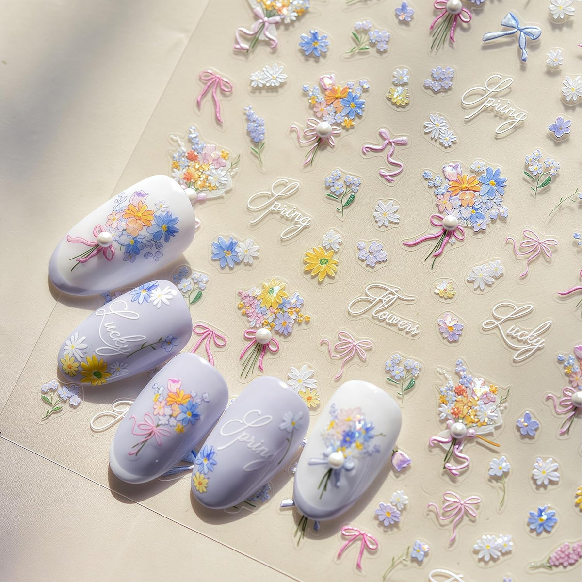 Spring Flowers Nail Stickers 5D Self-Adhesive Embossed Ribbon Bow Floral Pearl Rhinestones Design Decals Spring Romantic Flowers Nail Art Charms for Women DIY Decorations Exquisite Cardboard 1Sheets