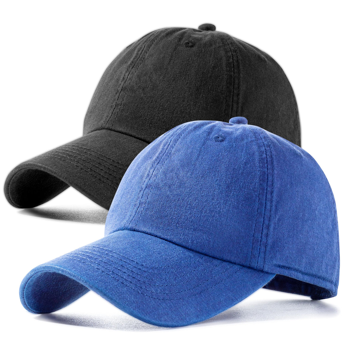 Vintage 100% Cotton Washed Baseball Cap Adjustable Size，Classic Low Profile Plain Retro Unisex Dad Hat(Blue+Black)