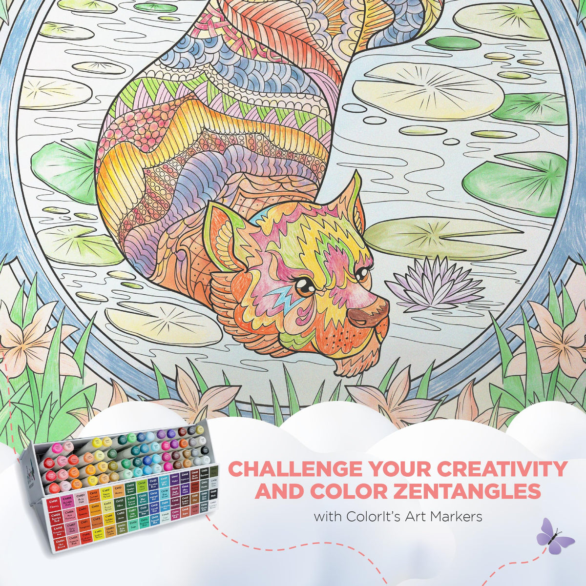 ColorIt Zentangle Spiral Bound Adult Coloring Book - 50 Zen Animal Kingdom Designs & Patterns for Meditation and Mindfulness, with Thick, Perforated, Ink Blotter Paper and Lay Flat Hard Cover