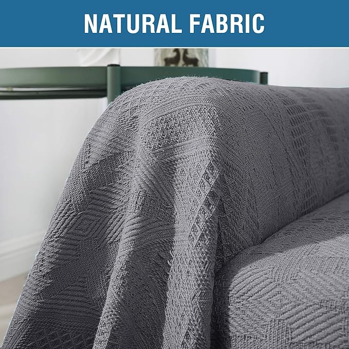 H.VERSAILTEX Cotton Sofa Covers Couch Cover Sofa Slipcover for Most Shape Sofas, Feature Thick Woven Jacquard Seamless with Tassels, Multi-Use Decorative for Couch (Large: 71" x 102", Grey)