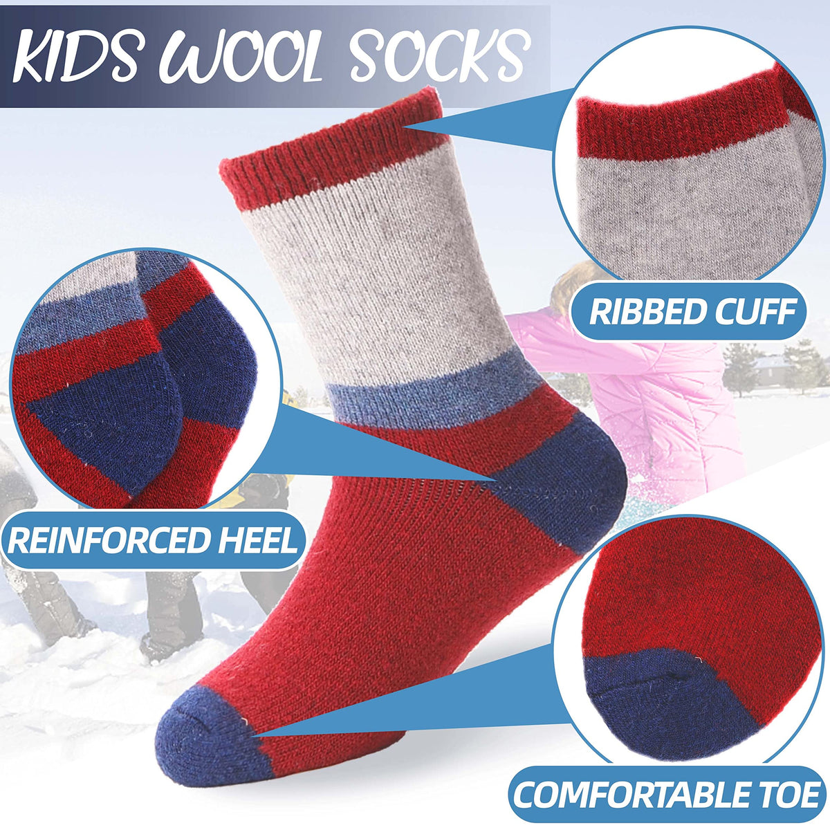 EBMORE Kids Merino Wool Socks for Toddlers Boys Girls Warm Thermal Winter Thick Hiking Heavy Cozy Crew Boot Socks 6 Pairs （Color Block,1-3 Y