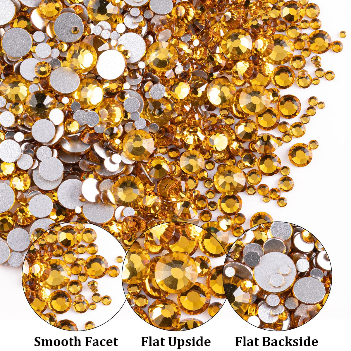 One Pack 2000 Pcs of Flatback Round Golden Yellow Rhinestones 6 Sizes (1.5-6 mm) with Nail Art Rhinestone Picker Pencil and Tweezer for DIY and Salon Use
