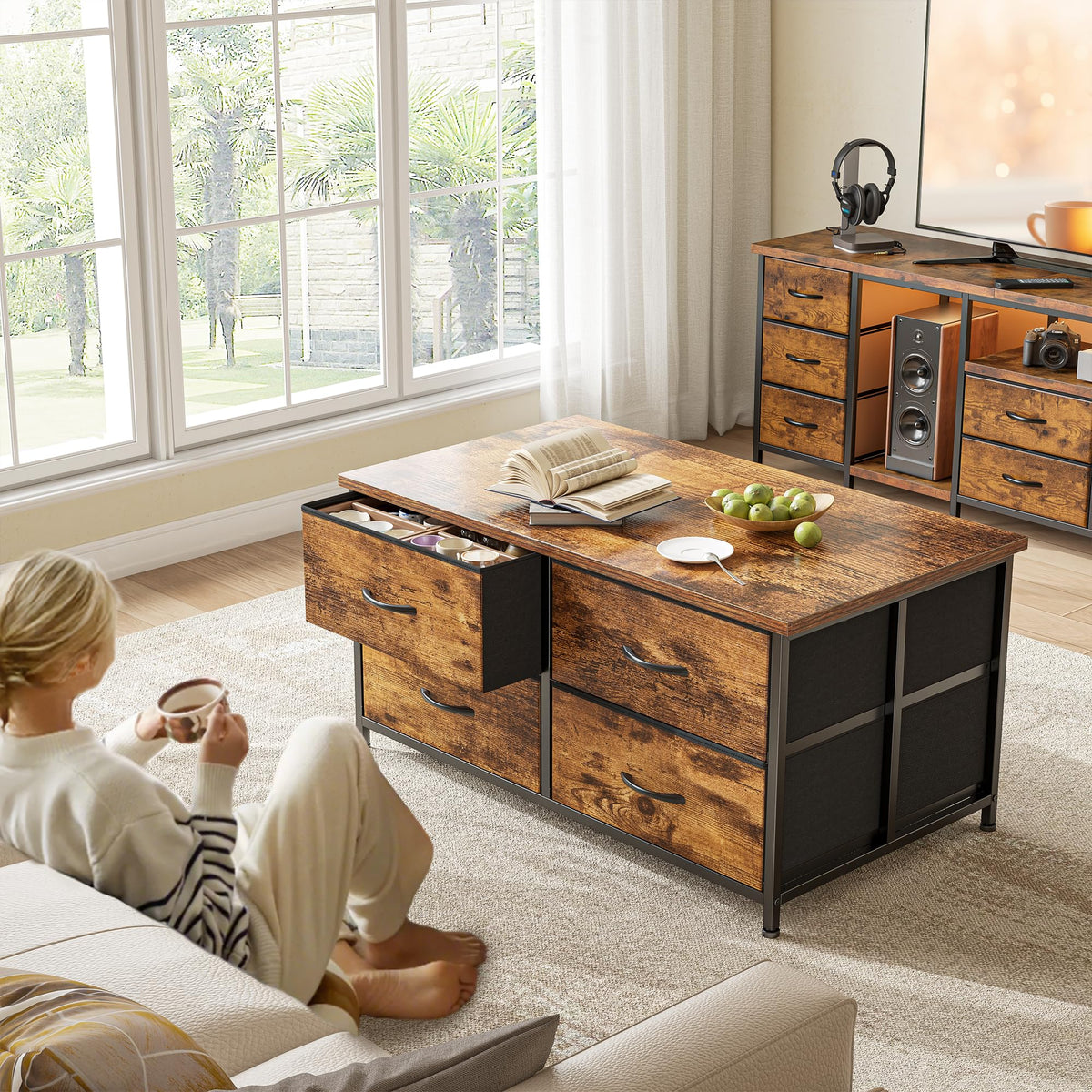 EnHomee Coffee Table with Storage, Modern Coffee Tables for Living Room, Black Center Table with Fabric Drawer and Large Hidden Space for Bedroom, Home, Office