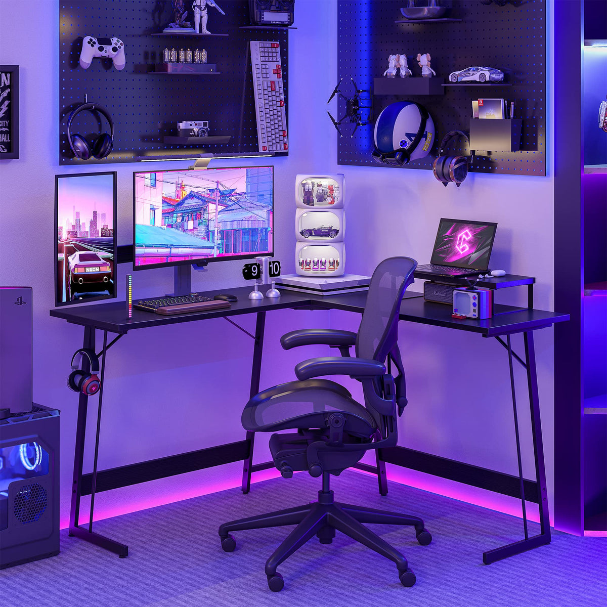 CubiCubi L Shaped Gaming Desk, 47 Inch Computer Desk with Monitor Stand, PC Gaming Desk, Corner Desk Table for Home Office Sturdy Writing Workstation, Black