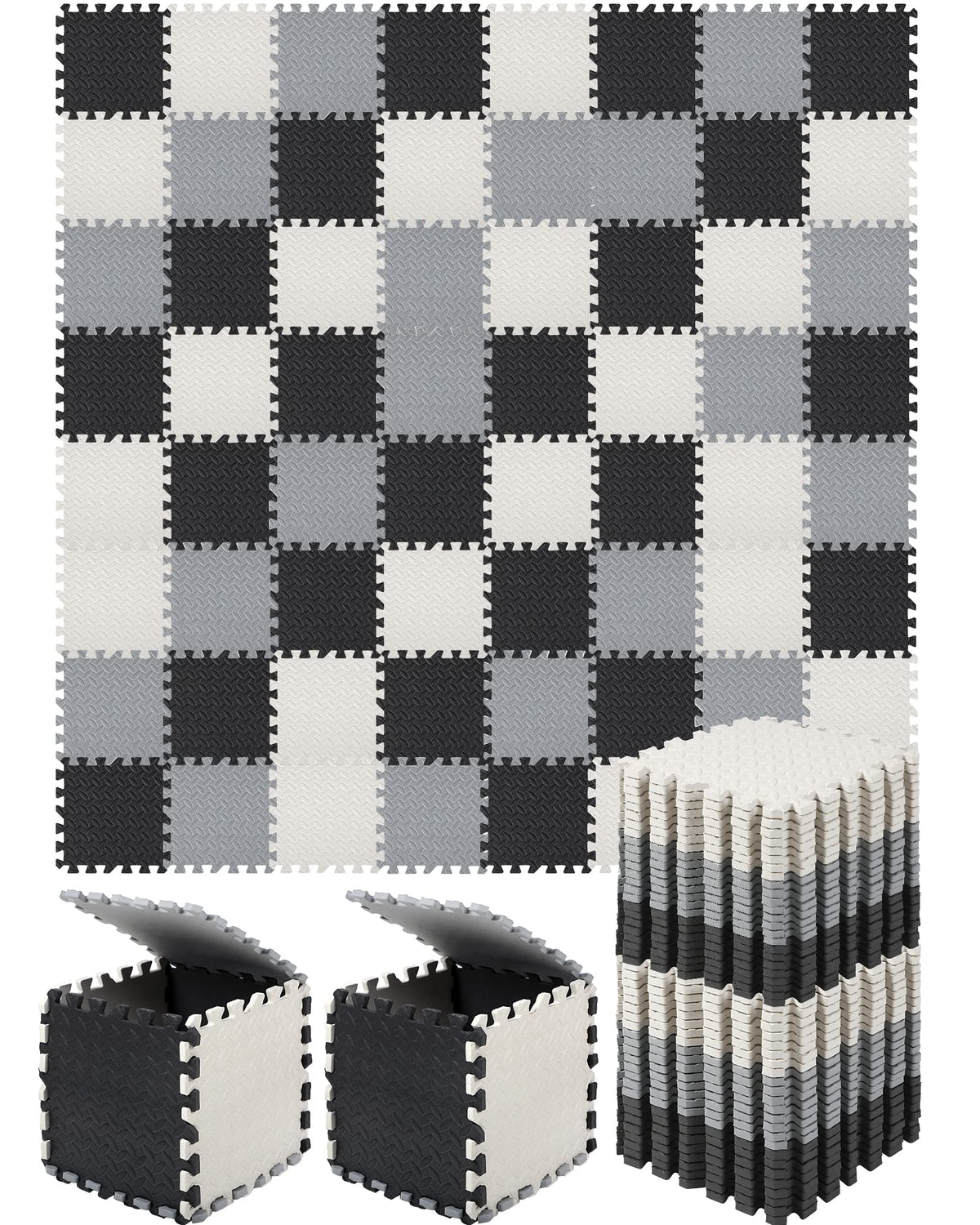 Shihanee Foam Floor Baby Tiles Foam Floor Mats Play Mats Bulk with Borders Interlocking for Kids Baby Playroom Nursery Gym (Black, White and Gray,64ft)